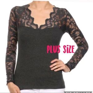 Charcoal scallop neckline lace sleeve sexy top